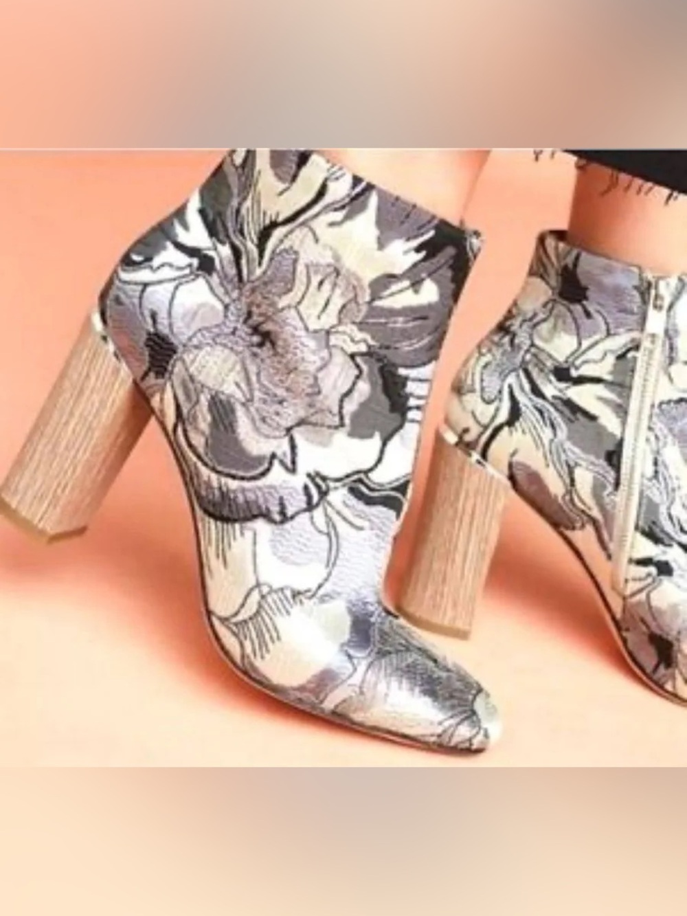 Pour La Victoire Rickie Steel Grey Silver Brocade Floral Fabric Ankle Boot $325